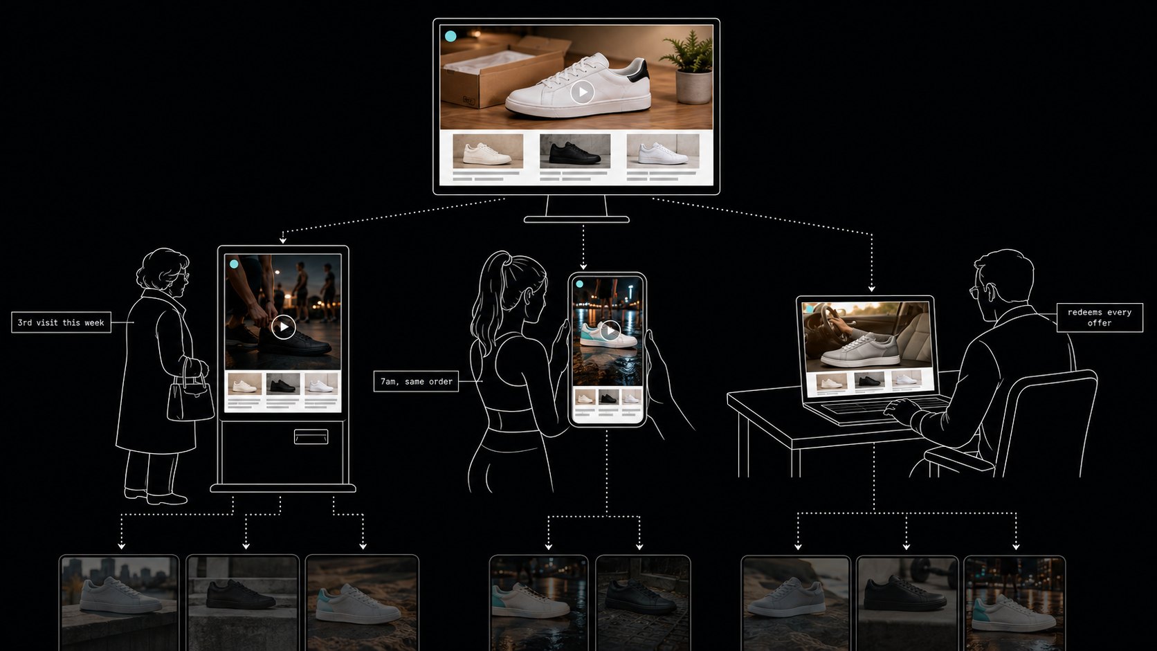 One generic storefront at the top branches into three: an in-store kiosk labelled third visit this week, a phone labelled 7am same order, and a laptop labelled redeems every offer. Each shows the same shoe in a different generated scene, with further faded variants continuing below.